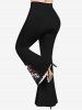 Plus Size Skull Rose Flower Branch Print Flare Pants -  