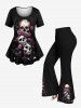 Pantalon évasé grande taille à imprimé tête de mort, rose et branches de fleurs - Noir 3X