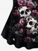 T-shirt femme grande taille imprimé tête de mort, rose et branche de fleur - Noir 2X