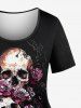 T-shirt femme grande taille imprimé tête de mort, rose et branche de fleur - Noir 3X