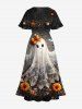 Plus Size Flower Spider Web Ghost Bride Print Halloween Ombre Split Pocket A Line Midi Dress -  