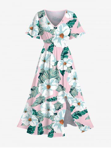 Plus Size Flowers Leaf Tropical Print Split Hawaii Midi Dress - LIGHT PINK - L