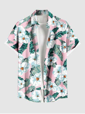 Plus Size Flowers Leaf Tropical Print Buttons Pocket Hawaii Shirt For Men
