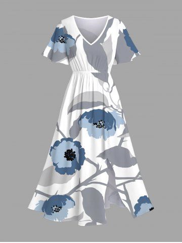 Plus Size Flowers Leaf Ink Painting Print Split Hawaii Midi Dress - WHITE - 4X