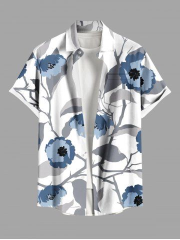 Plus Size Flowers Leaf Ink Painting Print Buttons Pocket Hawaii Shirt For Men - WHITE - L