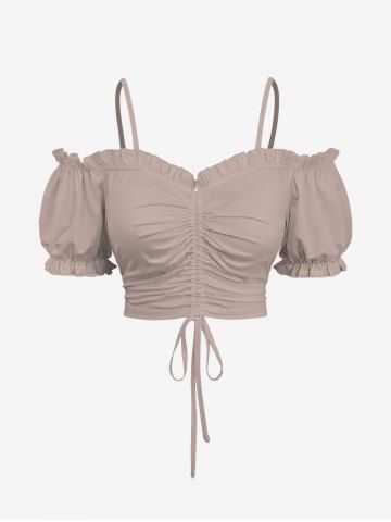 Plus Size Cinched Ruched Ruffles Cold Shoulder Cami Top - APRICOT - 6X