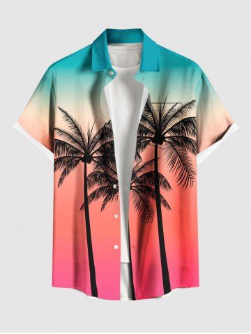Plus Size Coconut Tree Ombre Colorblock Print Buttons Pocket Hawaii Shirt For Men - RED - 6XL