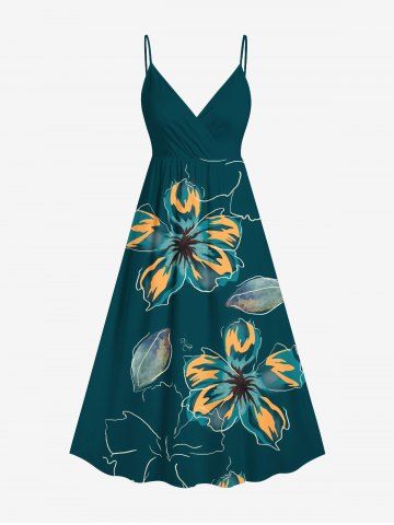 Plus Size Flowers Leaf Print Surplice Hawaii Cami Dress - GREEN - 6X