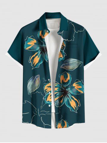 Plus Size Flowers Leaf Print Buttons Pocket Hawaii Shirt For Men - GREEN - 2XL