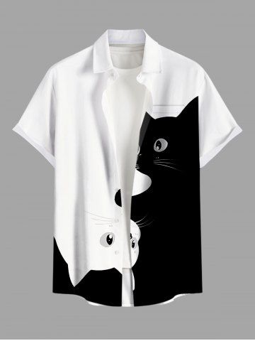 Plus Size Two Tone Cats Print Buttons Pocket Hawaii Shirt For Men - WHITE - L
