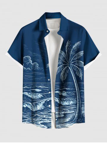 Plus Size Coconut Tree Sea Waves Print Hawaii Button Pocket Shirt For Men - NAVY BLUE - L