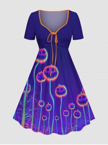 Plus Size Ombre Pumpkin Plant Galaxy Print Halloween Cinched A Line Dress - NAVY BLUE - XXS