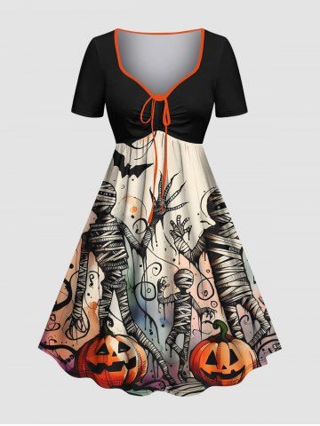 Plus Size Pumpkin Bat Mummy Print Halloween Cinched A Line Dress - BLACK - XXS
