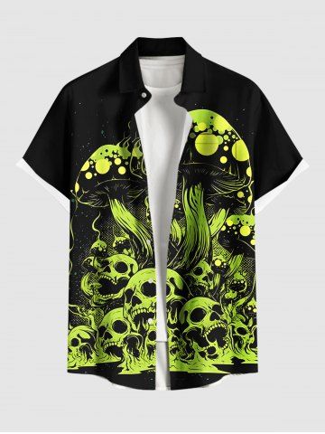Plus Size Skull Mushroom Fire Flame Print Halloween Button Pocket Shirt For Men - GREEN - M