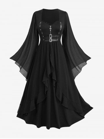 Plus Size Cross Zipper PU Strap Buckle Chiffon Textured Flare Sleeve Ruffles A Line Dress - BLACK - 5X | US 30-32