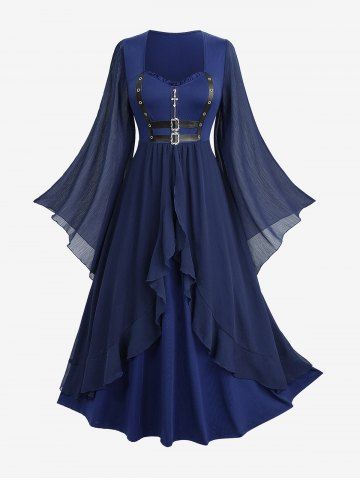Plus Size Cross Zipper PU Strap Buckle Chiffon Textured Flare Sleeve Ruffles A Line Dress - DEEP BLUE - 4X | US 26-28
