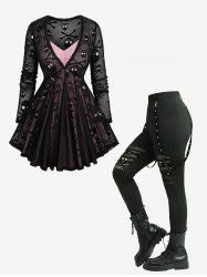 Marled Ruched Cami Top And Skulls Mesh Chiffon Top and Hollow Out Fish Net Leggings Plus Size Outfit -  