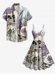Halloween Skull Flowers Eyes Print Plus Size Matching Outfit For Couples -  