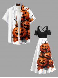 Halloween Pumpkin Leaf Paint Splatter Print Plus Size Matching Outfit For Couples -  