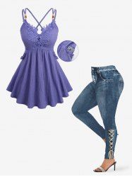 Floral Applique Textured Crisscross Top and 3D Lace Lace-up Ombre Denim Print Leggings Plus Size Outfit -  