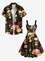 Skull Flower Leaf Print Plus Size Matching Outfit For Couples -  