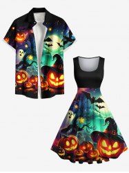Halloween Pumpkin Lantern Ghost Tree Bat Moon Ombre Galaxy Print Plus Size Matching Outfit For Couples -  