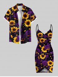 Sunflower Rose Flower Print Plus Size Matching Hawaii Beach Outfit For Couples -  