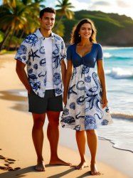 Octopus Starfish Shell Crab Print Plus Size Matching Hawaii Beach Outfit For Couples -  