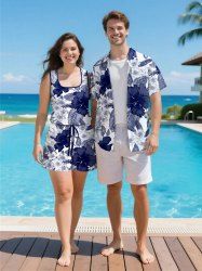 Matching Hawaii Shirt and Romper Plus Size Beach Outfit Hibiscus Flowers Leaf Printed for Couples -  