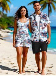 Matching Hawaii Shirt and Romper Plus Size Beach Outfit Coconut Tree Sea Waves Boat Printed for Couples -  