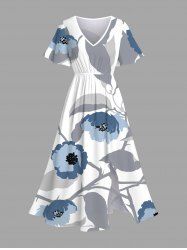 Plus Size Flowers Leaf Ink Painting Print Split Hawaii Midi Dress -  