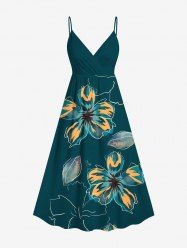 Plus Size Flowers Leaf Print Surplice Hawaii Cami Dress -  