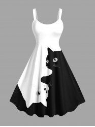 Plus Size Two Tone Cats Print Hawaii Tank Dress -  