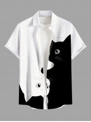 Plus Size Two Tone Cats Print Buttons Pocket Hawaii Shirt For Men -  