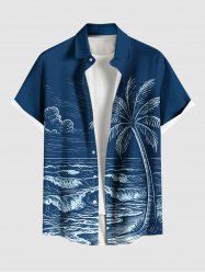 Chemise hawaïenne grande taille à imprimé cocotiers et vagues pour homme - Bleu Marine 3XL