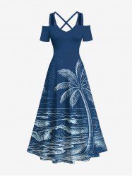Robe longue hawaïenne grande taille à imprimé cocotiers et vagues, épaules dénudées, croisée, coupe trapèze - Bleu Marine 6X