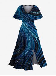 Plus Size Glitter Light Beam Print Hawaii Split Pocket A Line Midi Dress -  
