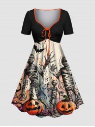 Plus Size Pumpkin Bat Mummy Print Halloween Cinched A Line Dress -  