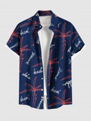 Plus Size Coconut Tree Letters Print Hawaii Button Pocket Shirt For Men - Bleu Marine 2XL