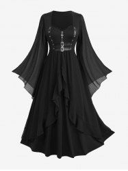 Robe trapèze grande taille à fermeture éclair croisée, bretelles en PU, boucle, mousseline texturée, manches évasées, volants - Noir L | US 12