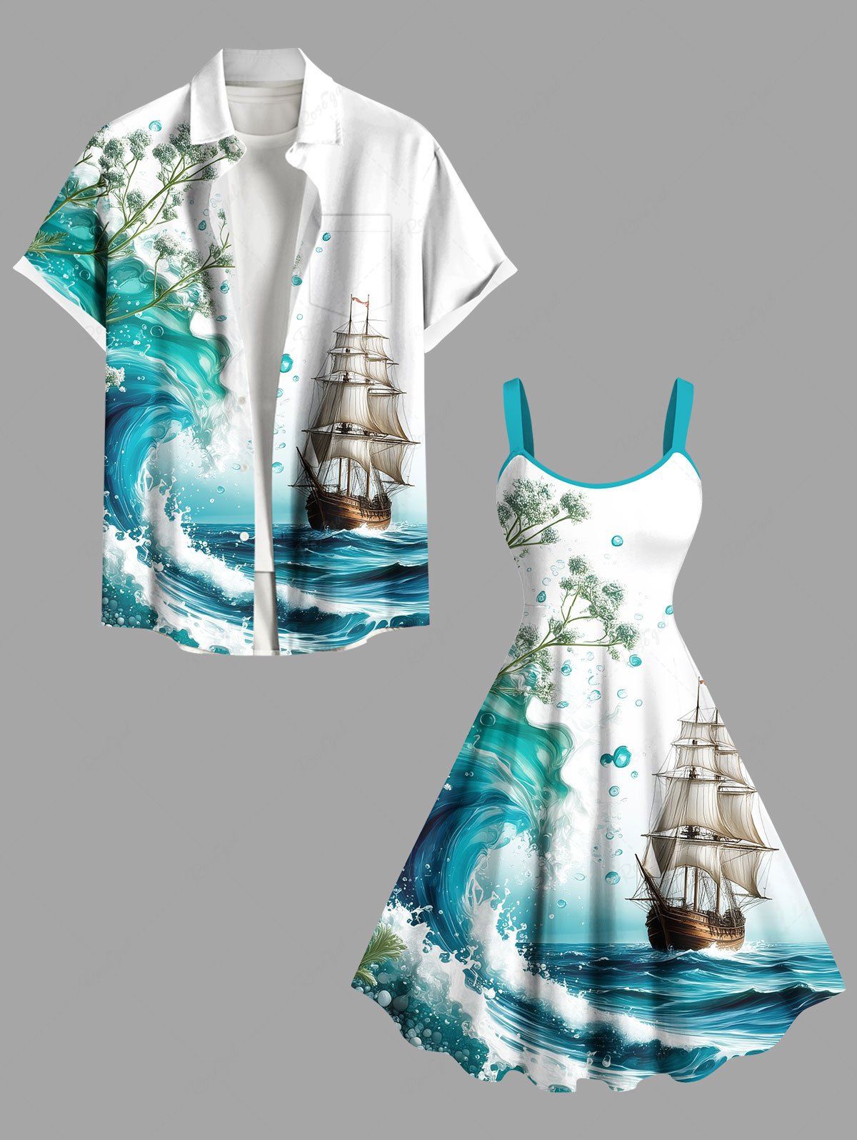 Tenue de plage assortie grande taille pour couple, motif vagues, voilier, fleurs et branches, style croisière hawaïenne Blanc 