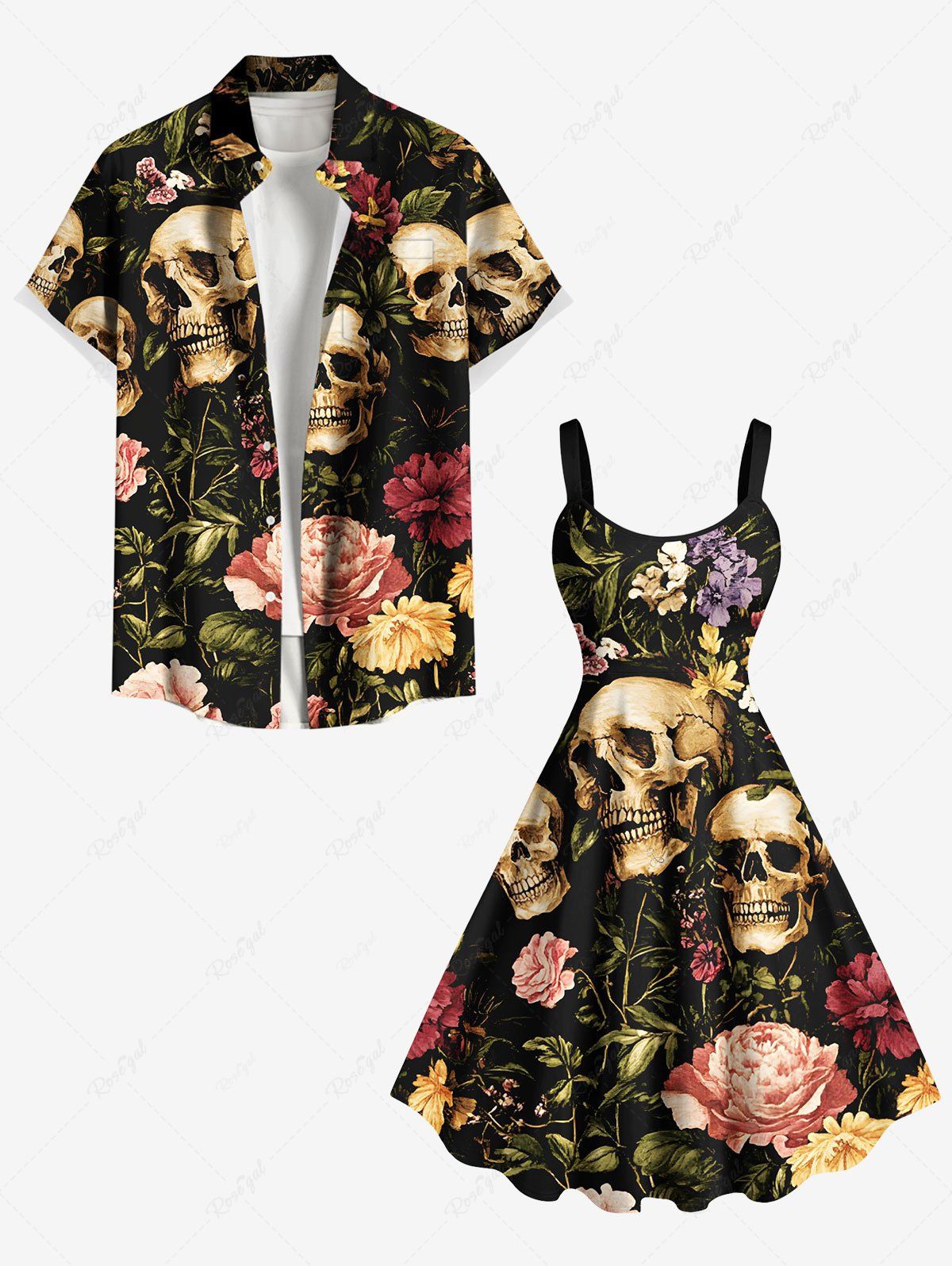 Affordable Skull Flower Leaf Print Plus Size Matching Outfit For Couples  