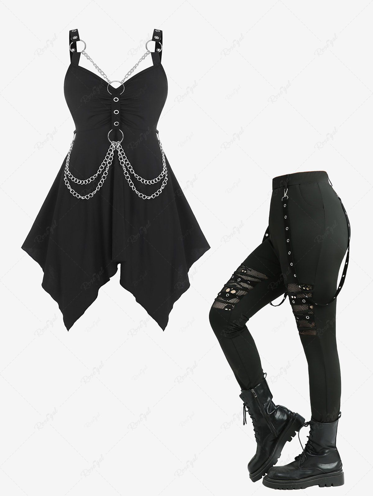 Hot O Ring Chains Handkerchief Gothic Tank Top and Skulls Hollow Out Fish Net Leggings Plus Size Outfit  
