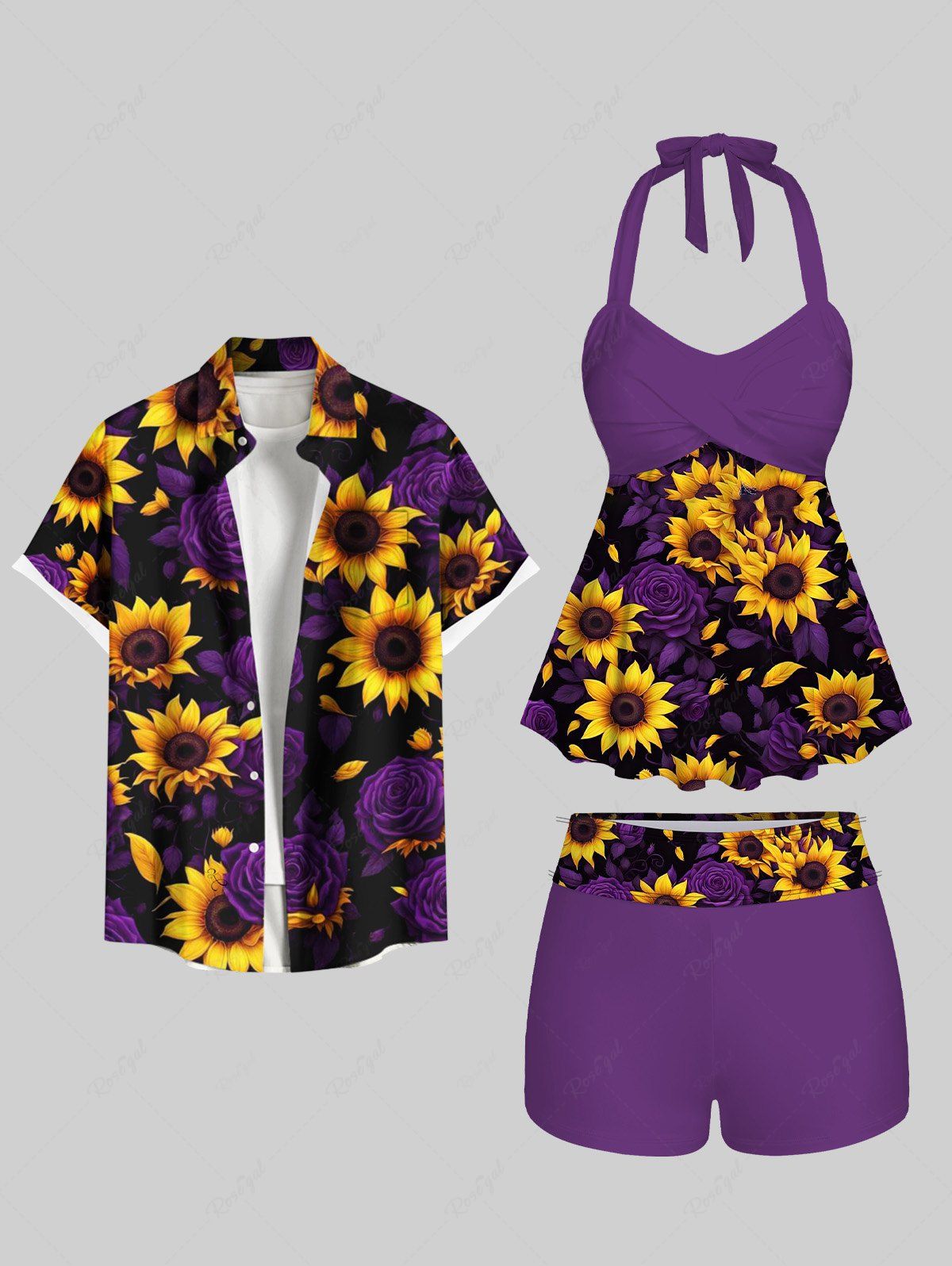 Shops Sunflower Rose Flower Print Shirt Swimsuit Plus Size Matching Hawaii Beach Outfit For Couples  