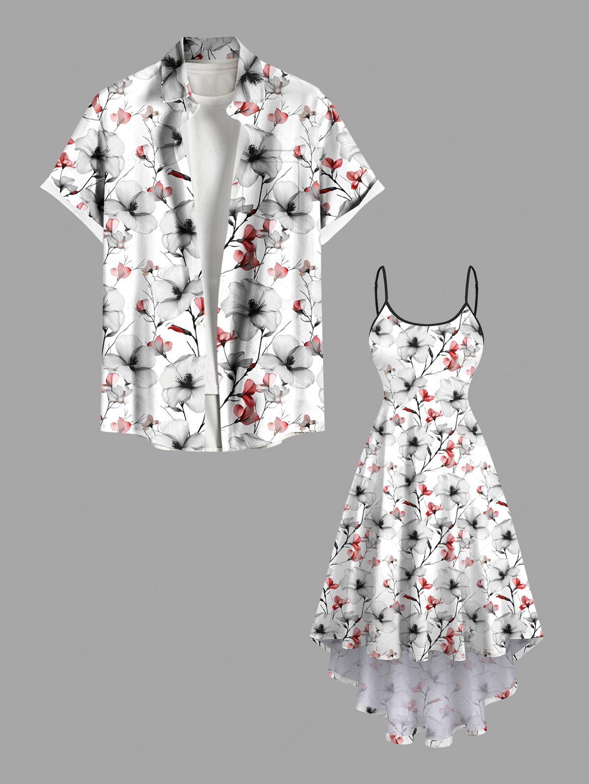 New Flowers Branches Print Plus Size Matching Hawaii Beach Outfit For Couples  