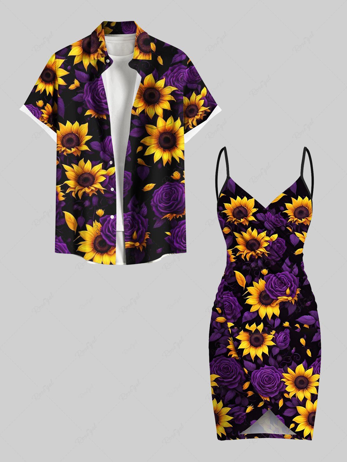 Discount Sunflower Rose Flower Print Plus Size Matching Hawaii Beach Outfit For Couples  
