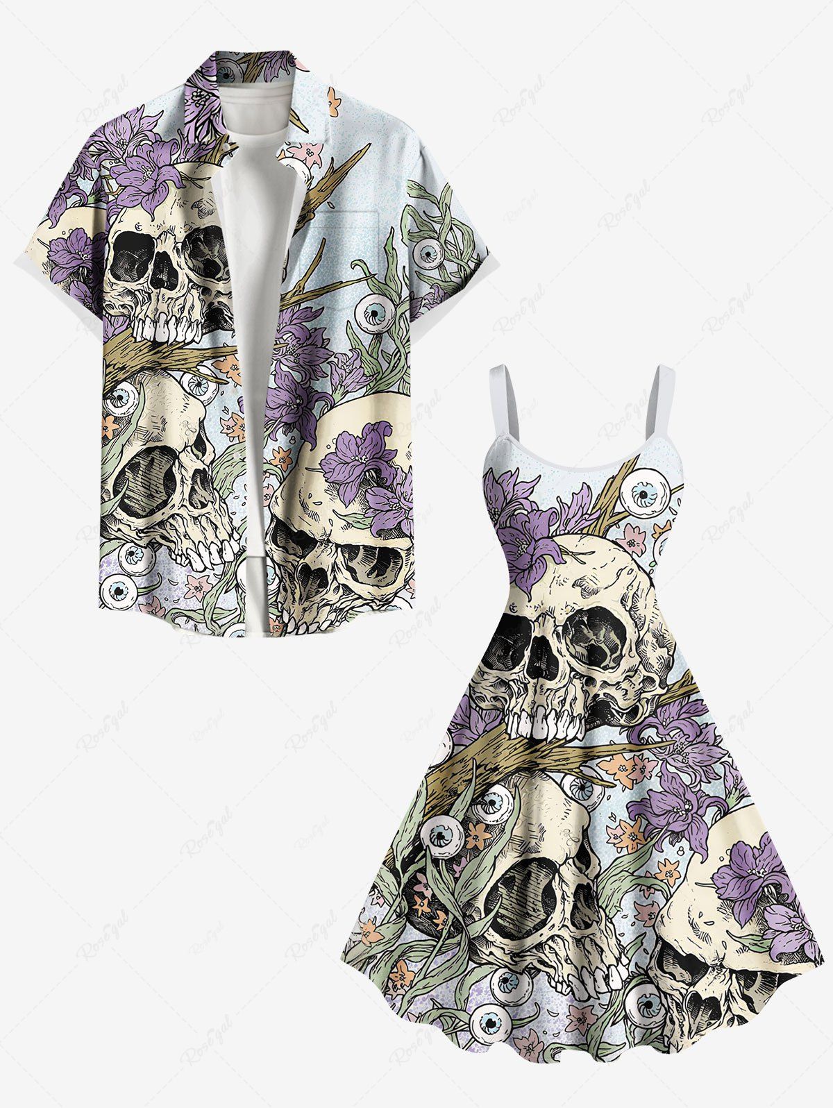 Cheap Halloween Skull Flowers Eyes Print Plus Size Matching Outfit For Couples  