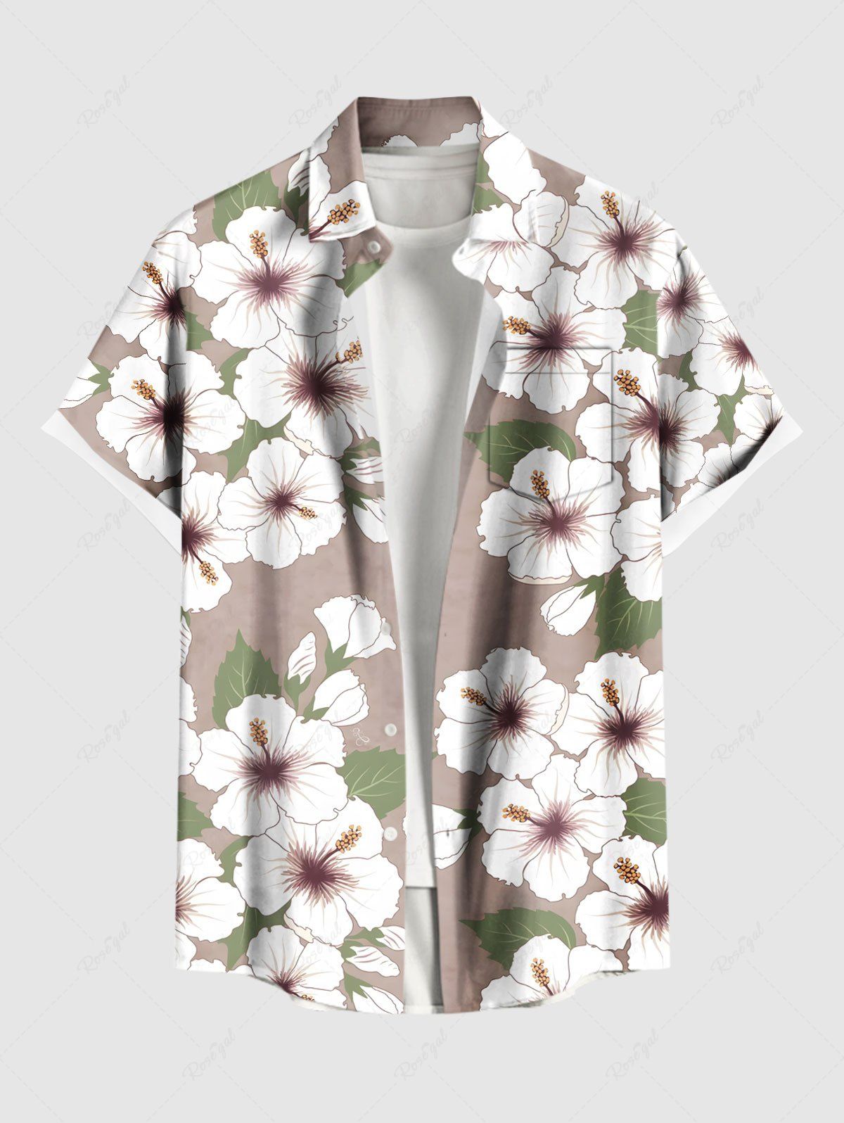 Fancy Plus Size Flowers Leaf Print Buttons Pocket Hawaii Shirt For Men  