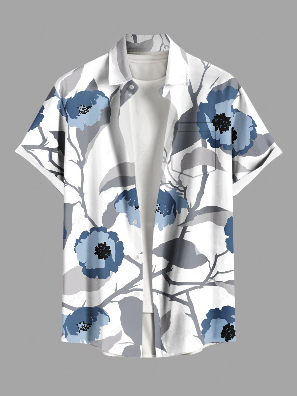 Outfits Plus Size Flowers Leaf Ink Painting Print Buttons Pocket Hawaii Shirt For Men  