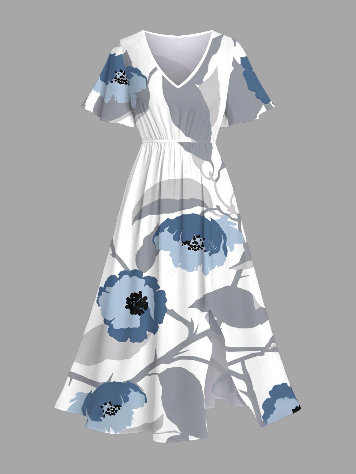 Robe mi-longue hawaïenne fendue à imprimé peinture à l'encre et fleurs, grande taille Blanc 6X